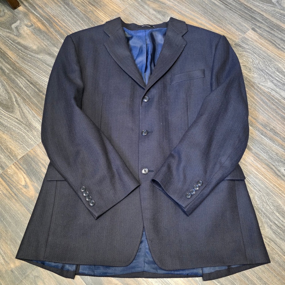 Calvin Klein Mens Navy Blue Herringbone 100% Wool 3-Button Blazer Jacket Canada
